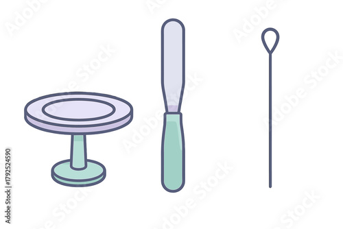 Collection of scientific laboratory tools including mixing plate spatula and inoculation loop