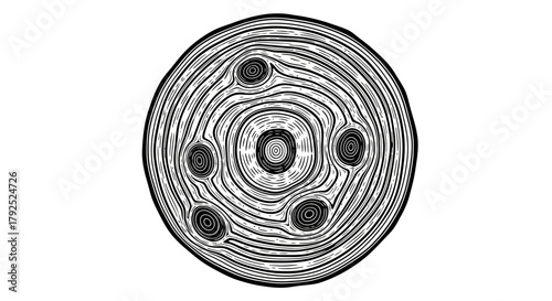 Abstract circular pattern with organic concentric lines and dark spots.