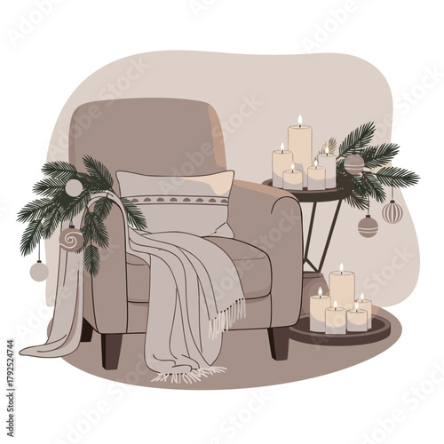 Cozy armchair by warm flickering candles and festive pine branches creates a peaceful holiday hygge atmosphere.
