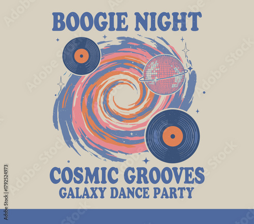 Cosmic Grooves Dance Party.Retro Disco Night Poster Design.Vintage Vinyl Galaxy Swirl.70s Boogie Distressed Print.Space Dance Event Graphic
