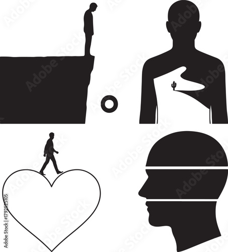 Symbolic silhouette illustrations depicting solitude despair inner conflict and love journey on white background