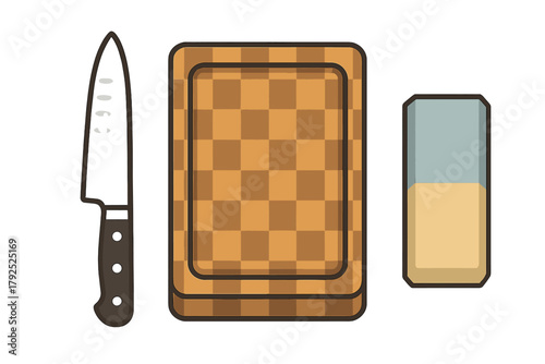 Sharp chef knife, wooden cutting board, and cleaning sponge essential kitchen tools