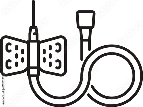 hand drawn vector illustration of butterfly needle. Icon of Venous catheter Butterfly. Vector of Medical Illustration Icon of Butterfly Needle Scalp Vein Set. Butterfly needle icon for blood donation 