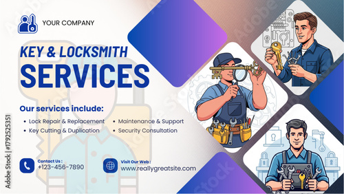Professional locksmith services advertisement banner, showcasing key and lock repair, cutting, and security consultation.