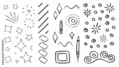 Illustration of hand drawn stars diamonds lines suns swirls and other shapes in black and white doodle art