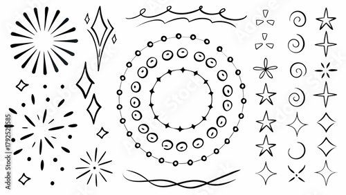 Collection of hand drawn doodle elements including bursts stars circles swirls and diamond shapes arranged well