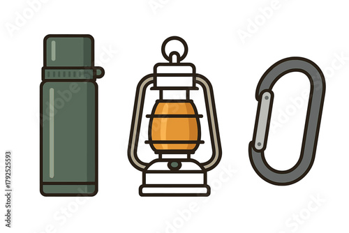 Essential outdoor gear set featuring a thermos, camping lantern, and carabiner