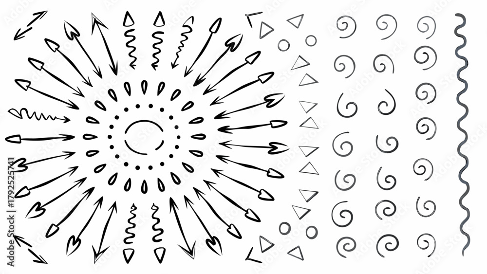 Obraz premium Hand drawn black and white design with arrows spirals triangles and circles in a radial arrangement style