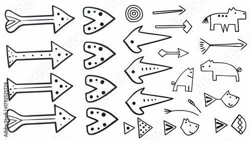 Illustration featuring a collection of hand drawn style arrows and animal shapes in a simple black outline