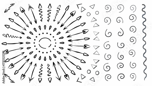 Hand drawn black and white design with arrows spirals triangles and circles in a radial arrangement style