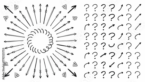 Collection of hand drawn arrows pointing outwards from a central swirl and question marks pattern