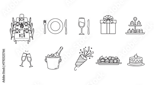 Collection of hand drawn celebration icons in a simple silhouette style