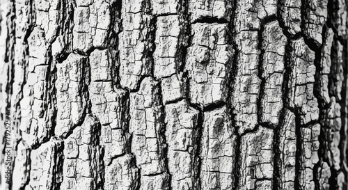 Monochrome close up of rugged and cracked tree bark texture.