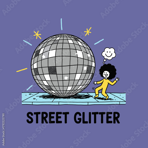 Disco street dancer.Street Glitter vector art.Funky disco ball graphic.Retro dance party doodle.Groovy character illustration