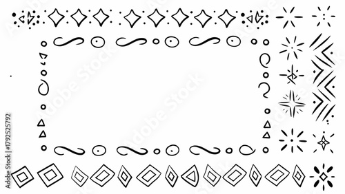 Hand drawn frame with diamond shapes swirls stars triangles and dots forming a decorative border element