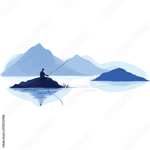 Blue ink wash painting of panorama with a lone fisherman on calm waters and distant mountains. Traditional oriental ink painting sumi-e, u-sin, go-hua. Hieroglyph - life energy.