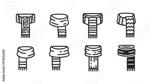 Collection of eight different winter scarf icons in a clean silhouette style