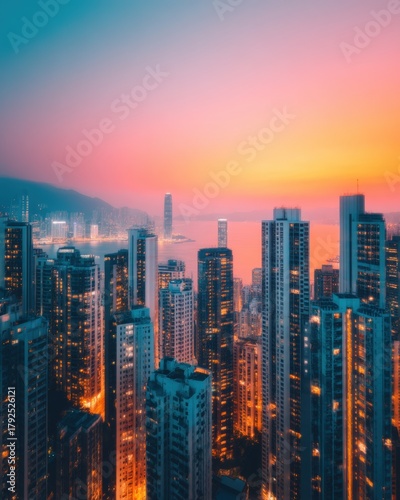 Wallpaper Mural Daily office cleaning routine, A vibrant city skyline at sunset with tall skyscrapers, illuminated windows, and a mountain backdrop over a body of water. Torontodigital.ca