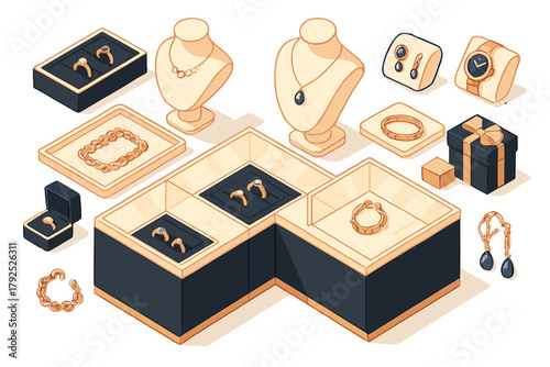 Elegant isometric jewelry display featuring gold rings, necklaces, bracelets, earrings, and a luxury watch