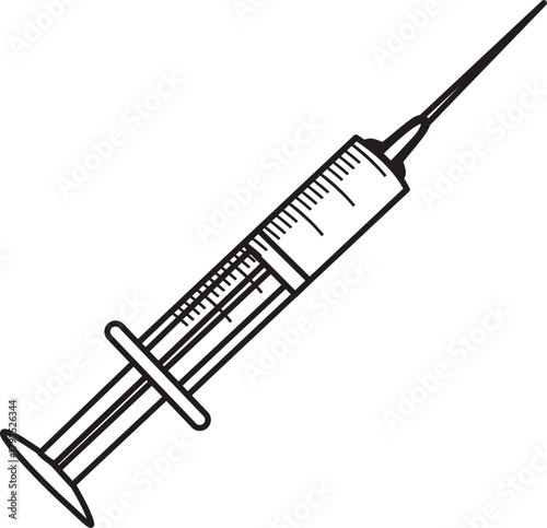 Syringe outline isolated on white. medicine syringe with needle. Medicine vaccination, treatment icon symbol. Line art vector of Syringe for injection. Icon of Medical injection. 