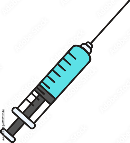 Vector of syringe with medicine. syringe with needle isolated on white.  Sign of Syringe for injection. Vector illustration of Medical injection. Medicine vaccination, treatment icon symbol. 