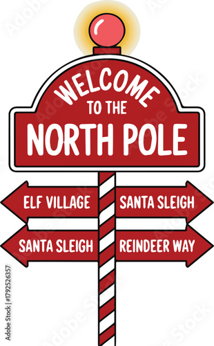 Red welcome to the North Pole signpost with directional arrows welcome sign directional sign