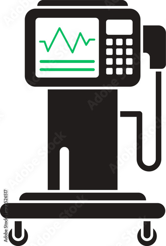 Silhouette of ECMO machine medical equipment. icon of Extracorporeal Membrane Oxygenation life support system. Medical apparatus silhouette. Computer monitor heartbeat pulse waveform medical screen. 