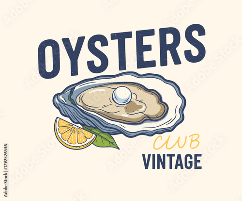 Vintage Oysters Club Badge Design.Retro Seafood Label with Pearl.Hand-drawn Oyster and Lemon Logo.Textured Maritime Restaurant Emblem.Gourmet Shellfis