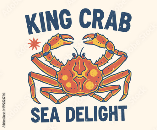 King Crab Sea Delight Art.Retro Marine Graphic Print.Vintage Seafood T shirt Design.Crustacean Retro Badge.Ocean Delicacy Illustration