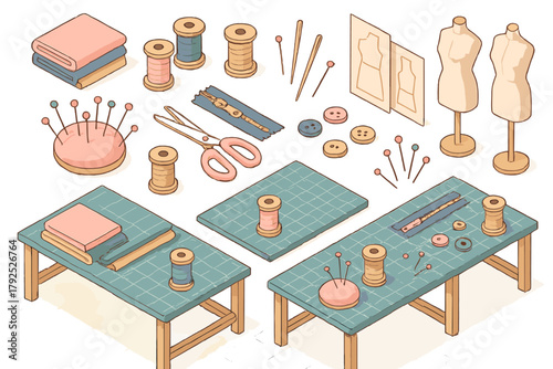 Collection of professional tailoring and sewing equipment with fabric, thread, scissors, pins, and dress forms