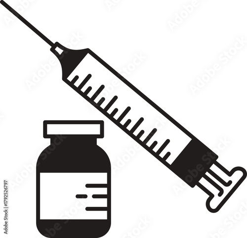 Silhouette of Medicine and injection. Syringe. syringe, needle, medical vial, medicine bottle, healthcare, injection, vaccination, drug, treatment, science, icon, symbol. 