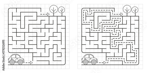 Black and white kids maze – a car drives to the forest. Square layout, medium difficulty, clean line art with solution. Printable fun worksheet for children.