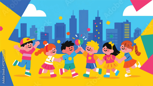 Illustration Of A Group Of Children Playing While Holding Hands Vector Design Template