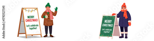 Christmas Market Entertainer holding sign in winter clothing outdoors, white background, isolated, vector 