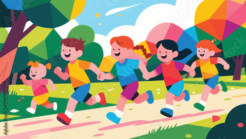 Illustration Of A Group Of Children Running In The Park Vector Design Template