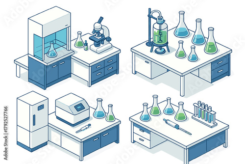 Modern science laboratory equipment setup with chemistry flasks, microscope, and fume hood in isometric view