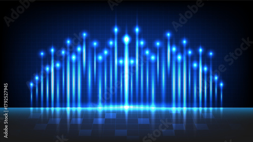 Abstract digital background with glowing blue neon light bars and reflection, perfect for technology themes