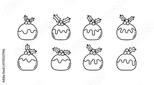 Collection of hand drawn christmas pudding ornaments with holly silhouette