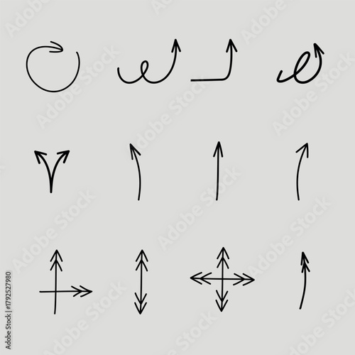 A collection of hand-drawn arrows in various directions, including curved, straight, and combined styles, on a light background. Perfect for design projects needing directional indicators or symbols.