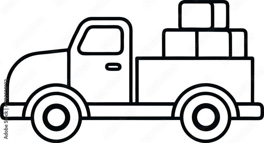 Fototapeta premium Simple Line Art Illustration of a Vintage Pickup Truck Loaded with Boxes