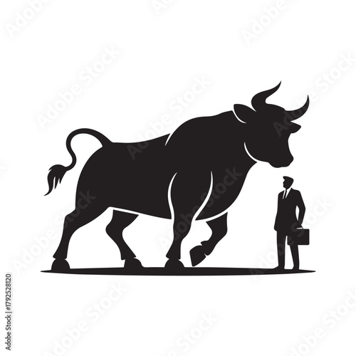 Silhouette of a bull and a businessman