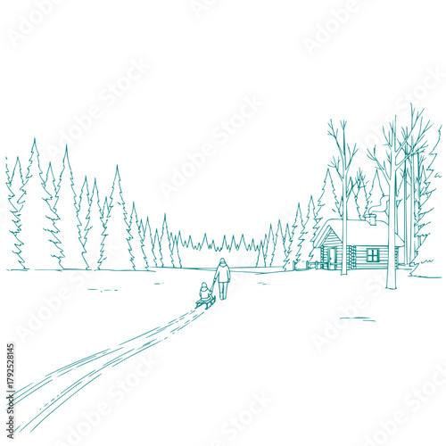 Family walking in winter landscape with cabin in snowy forest and sleigh tracks in forest   