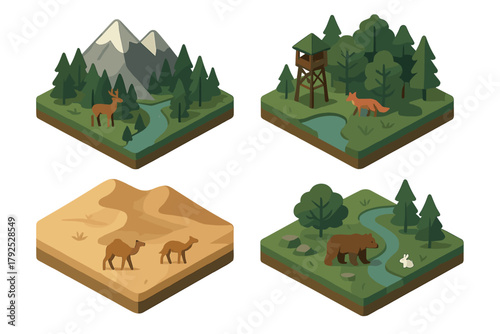 Isometric natural landscapes featuring mountains forest desert and wildlife animals