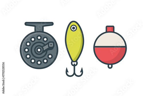 Fishing reel, bright yellow lure, and classic red and white bobber float equipment set