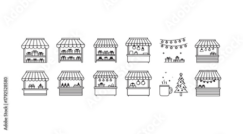Collection of hand drawn market stall outlines in a simple silhouette style