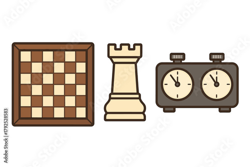 Classic chess game equipment set featuring a chessboard, rook piece, and analog timing clock
