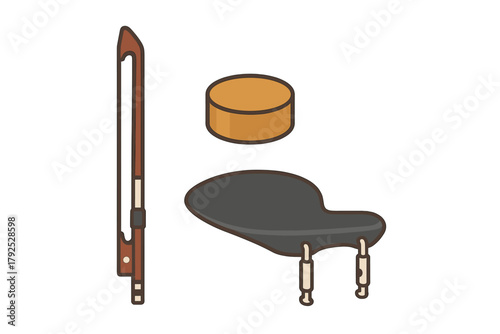 Violin bow, rosin cake, and shoulder rest accessories used for string instrument performance