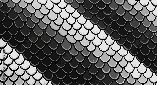 Close up of a textured surface resembling fish scales in varying shades of black and white.