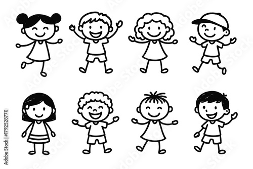 Diverse group of eight joyful young children playing together with big smiles