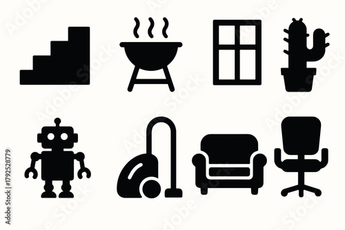 Minimal silhouette icons of everyday objects in black on white background